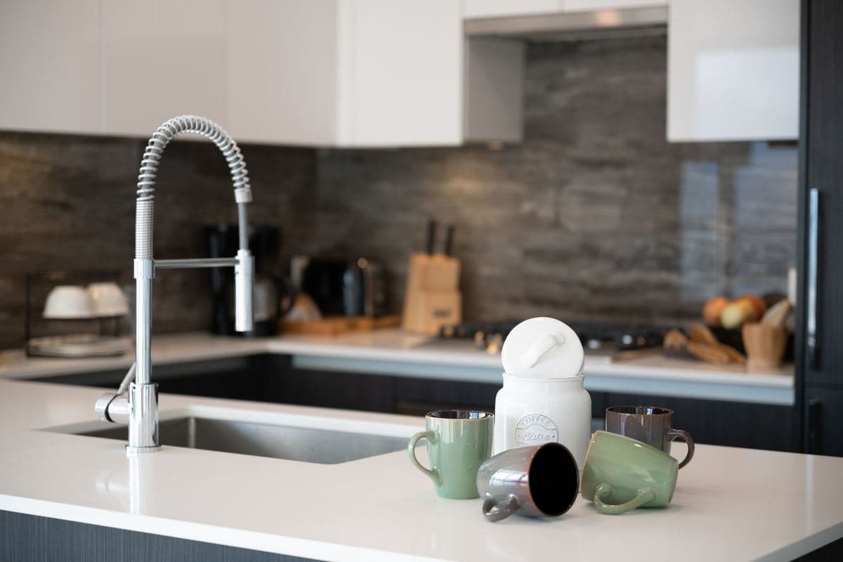 Tall gooseneck kitchen faucet arching over a deep sink