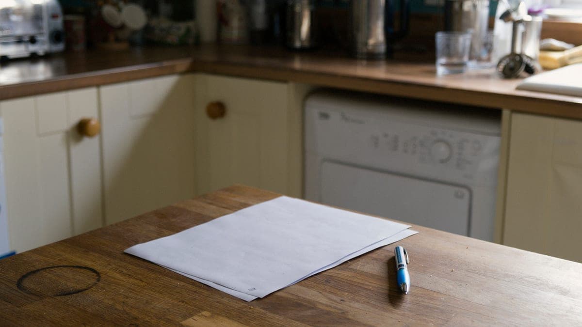 Paperwork and documents on a kitchen counter